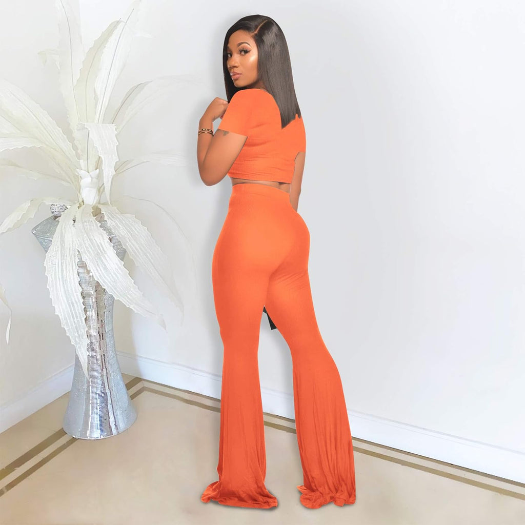 2 Piece Outfits for Women Workout Sets - Sexy Crop Top + High Waisted Flared Long Pant Sets Track Suits Yoga Sports