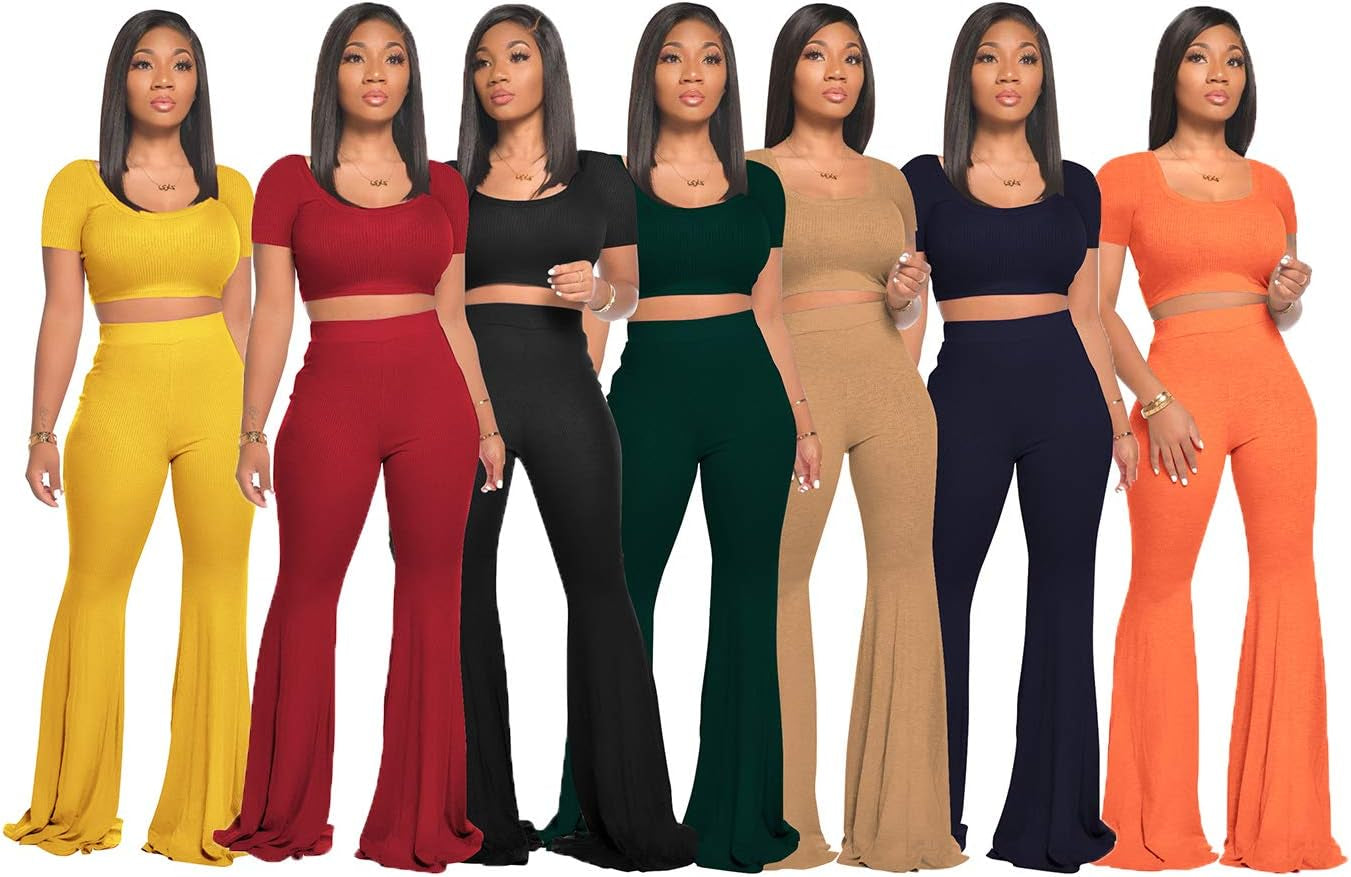 2 Piece Outfits for Women Workout Sets - Sexy Crop Top + High Waisted Flared Long Pant Sets Track Suits Yoga Sports