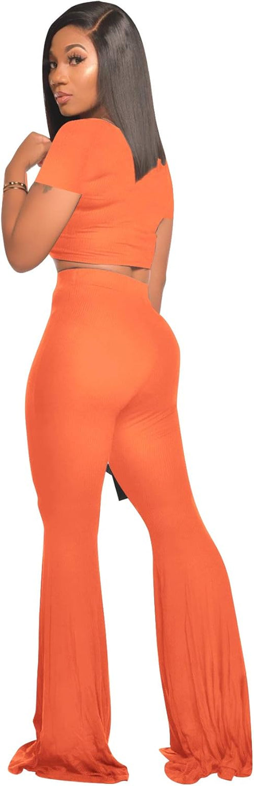 2 Piece Outfits for Women Workout Sets - Sexy Crop Top + High Waisted Flared Long Pant Sets Track Suits Yoga Sports